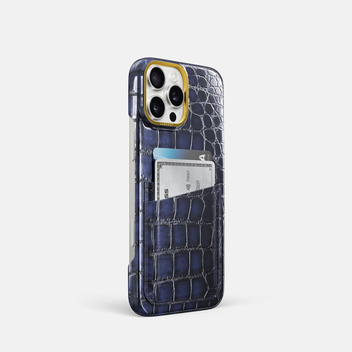 Havana-Blue iPhone 16 Pro Card Case Patina Alligator with Gold Metal -2 | Havana-Blue-Gold