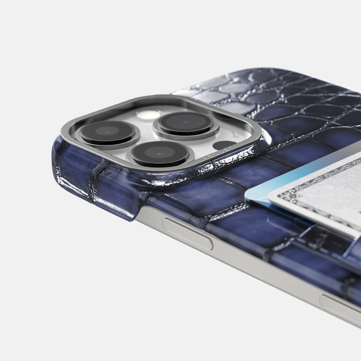 Havana-Blue iPhone 16 Pro Double Card Case Patina Alligator with Steel Metal -5 | Havana-Blue-Steel