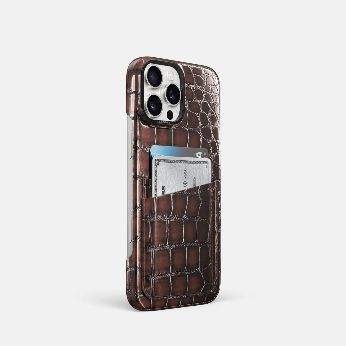 Havana-Brown iPhone 16 Pro Double Card Case Patina Alligator with Black Metal -2 | Havana-Brown-Black
