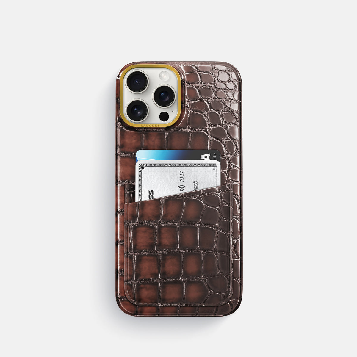 Havana-Brown iPhone 16 Pro Card Case Patina Alligator with Gold Metal -1 | Havana-Brown-Gold