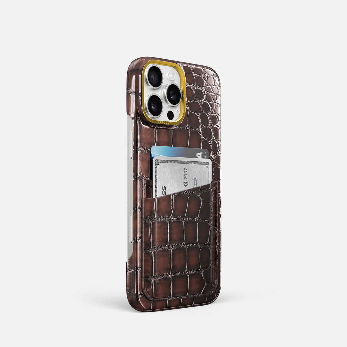 Havana-Brown iPhone 16 Pro Card Case Patina Alligator with Gold Metal -2 | Havana-Brown-Gold