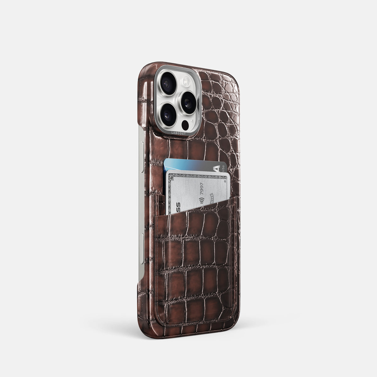 Havana-Brown iPhone 16 Pro Double Card Case Patina Alligator with Steel Metal -2 | Havana-Brown-Steel