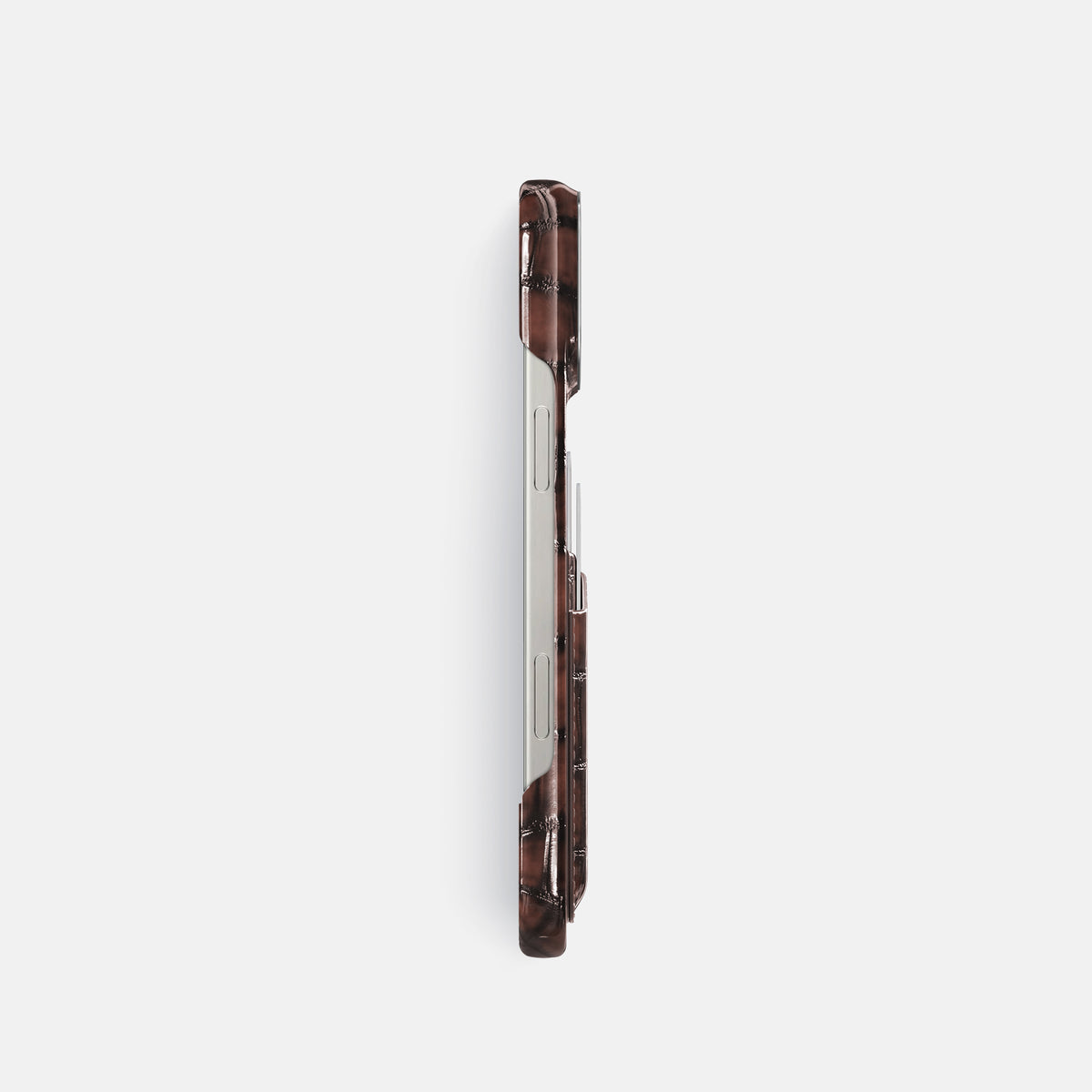 Havana-Brown iPhone 16 Pro Double Card Case Patina Alligator with Steel Metal -3 | Havana-Brown-Steel