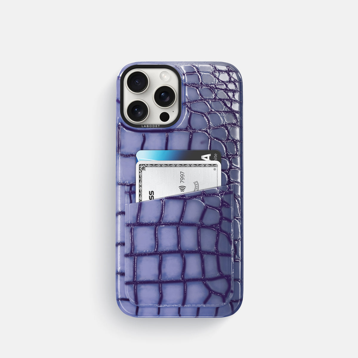 Lilac iPhone 16 Pro Double Card Case Patina Alligator with Black Metal -1 | Lilac-Black
