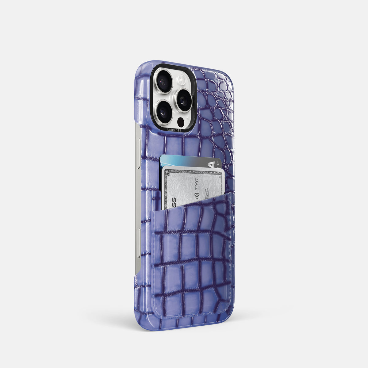 Lilac iPhone 16 Pro Double Card Case Patina Alligator with Black Metal -2 | Lilac-Black