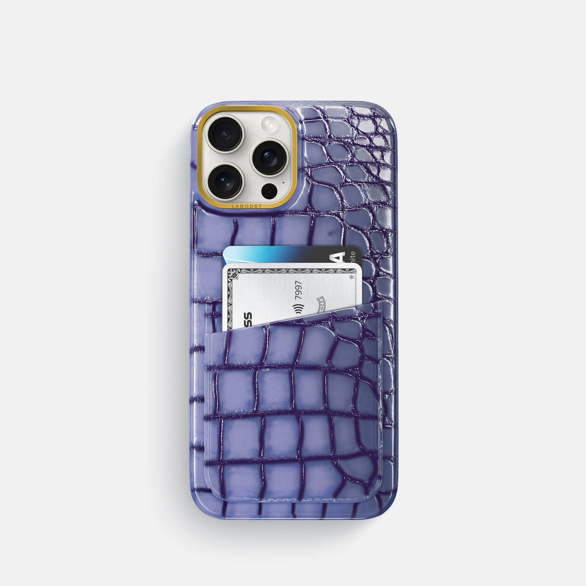 Lilac iPhone 16 Pro Card Case Patina Alligator with Gold Metal -1 | Lilac-Gold