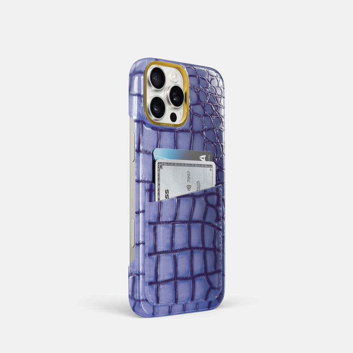 Lilac iPhone 16 Pro Card Case Patina Alligator with Gold Metal -2 | Lilac-Gold