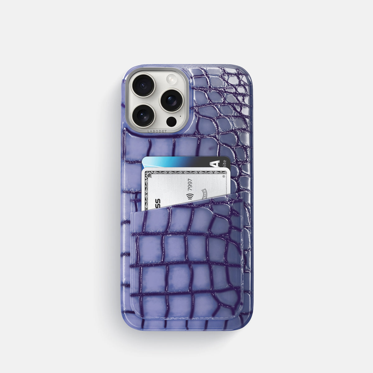 Lilac iPhone 16 Pro Double Card Case Patina Alligator with Steel Metal -1 | Lilac-Steel