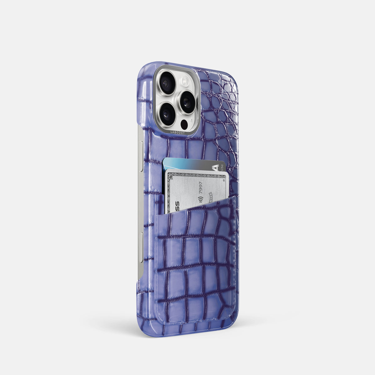 Lilac iPhone 16 Pro Double Card Case Patina Alligator with Steel Metal -2 | Lilac-Steel