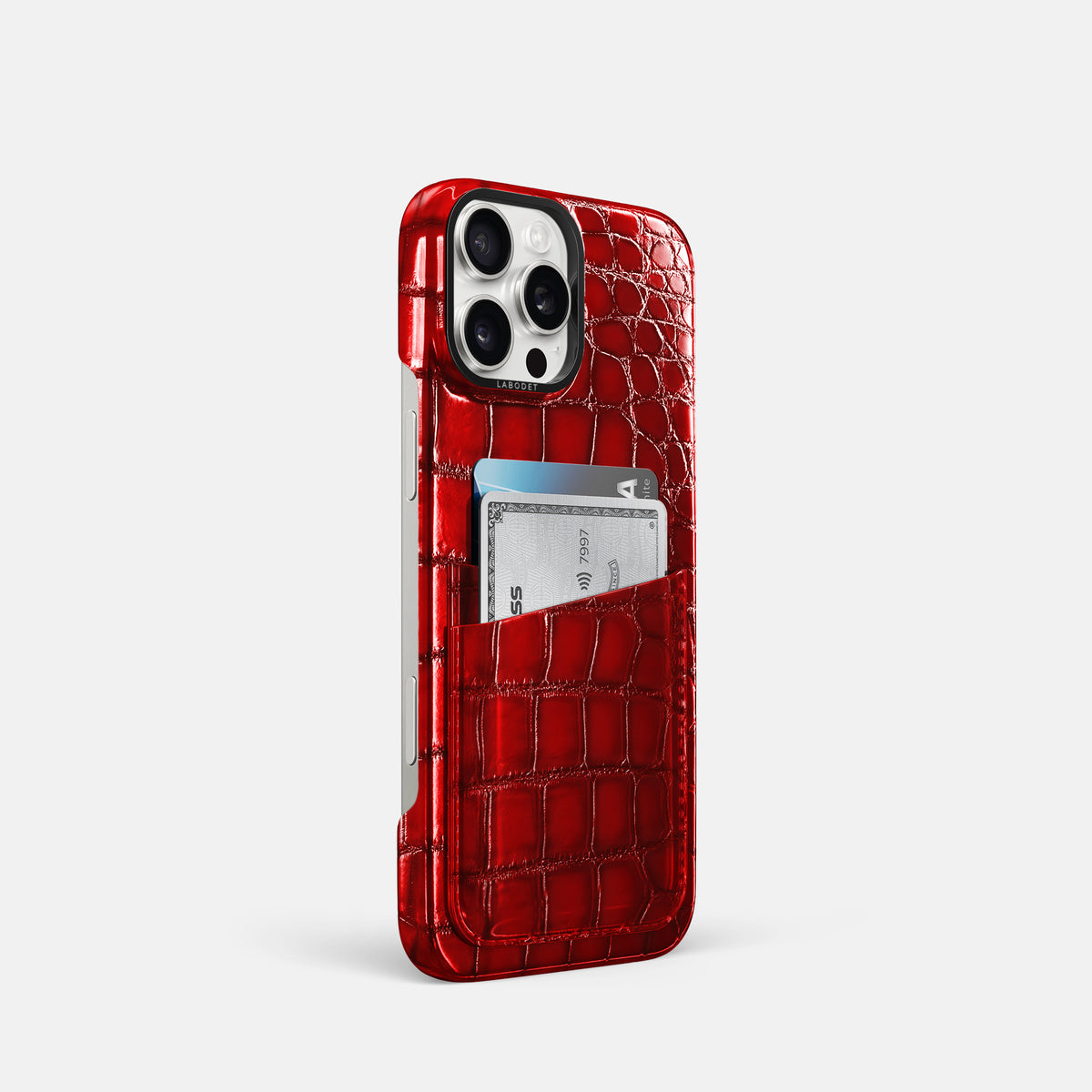 Burgundy iPhone 16 Pro Double Card Case Patina Alligator with Black Metal -2 | Burgundy-Black