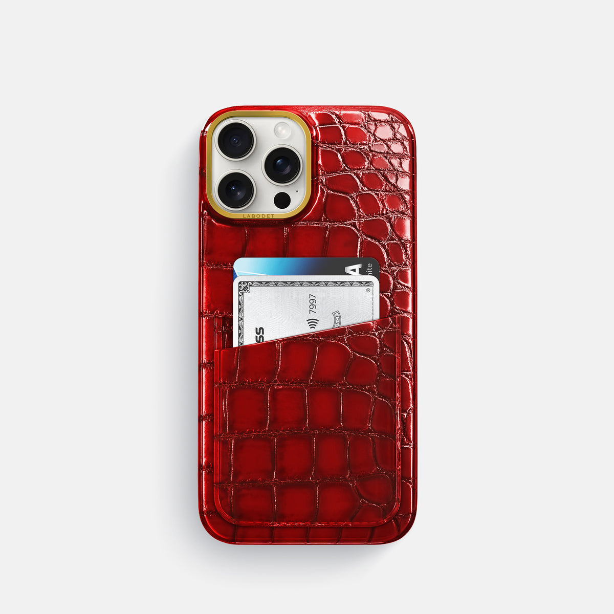 Burgundy iPhone 16 Pro Card Case Patina Alligator with Gold Metal -1 | Burgundy-Gold