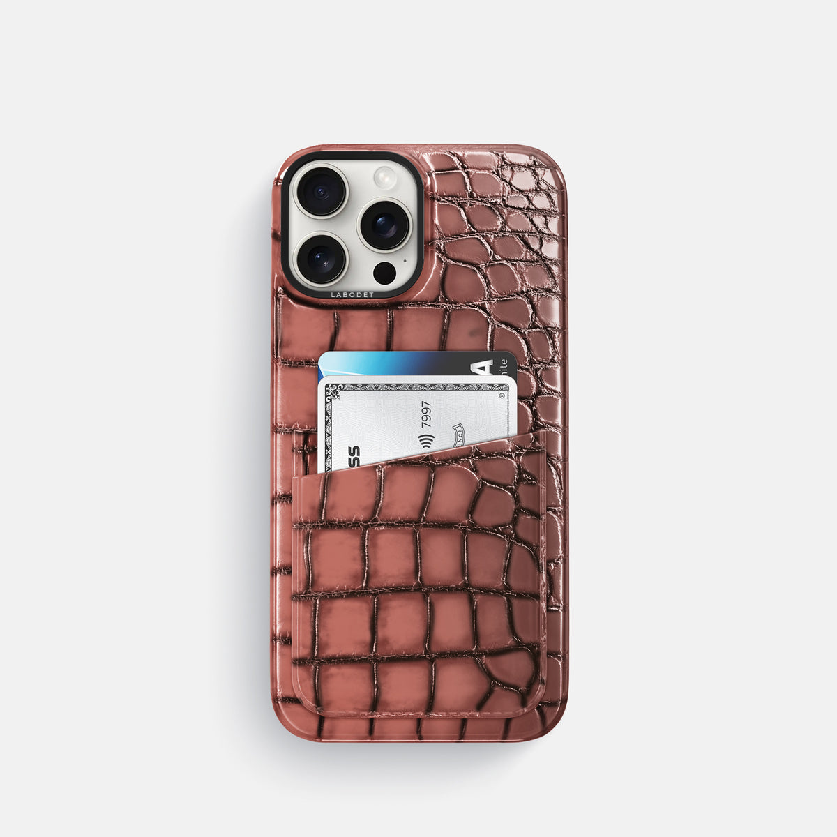 Wine-Sediment iPhone 16 Pro Double Card Case Patina Alligator with Black Metal -1 | Wine-Sediment-Black