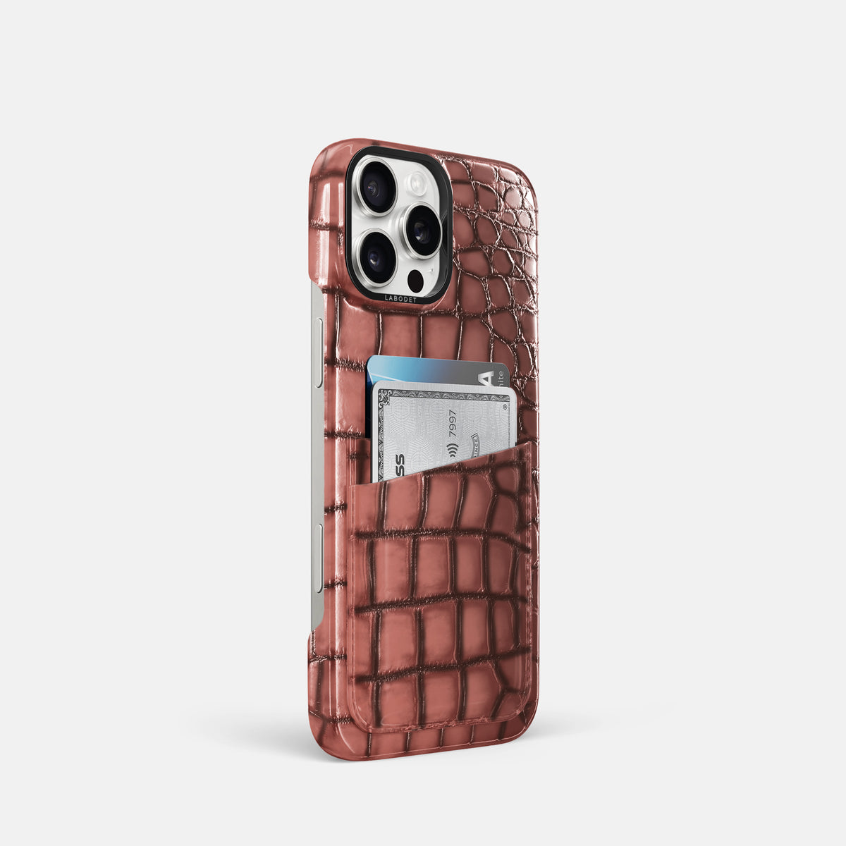 Wine-Sediment iPhone 16 Pro Double Card Case Patina Alligator with Black Metal -2 | Wine-Sediment-Black