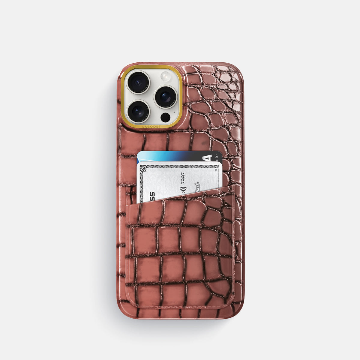 Wine-Sediment iPhone 16 Pro Card Case Patina Alligator with Gold Metal -1 | Wine-Sediment-Gold