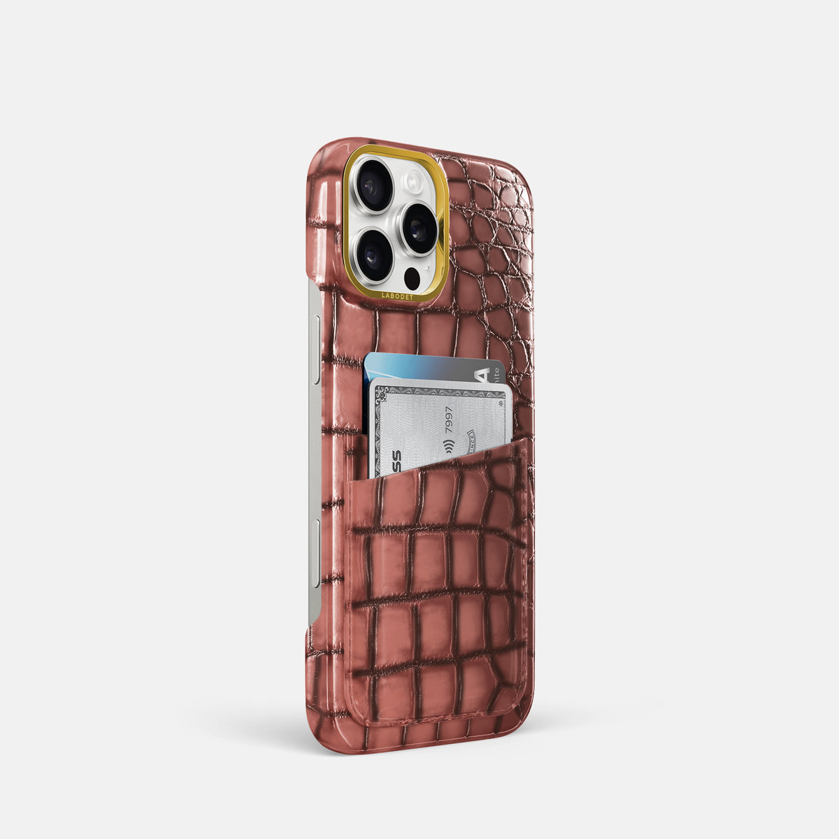 Wine-Sediment iPhone 16 Pro Card Case Patina Alligator with Gold Metal -2 | Wine-Sediment-Gold