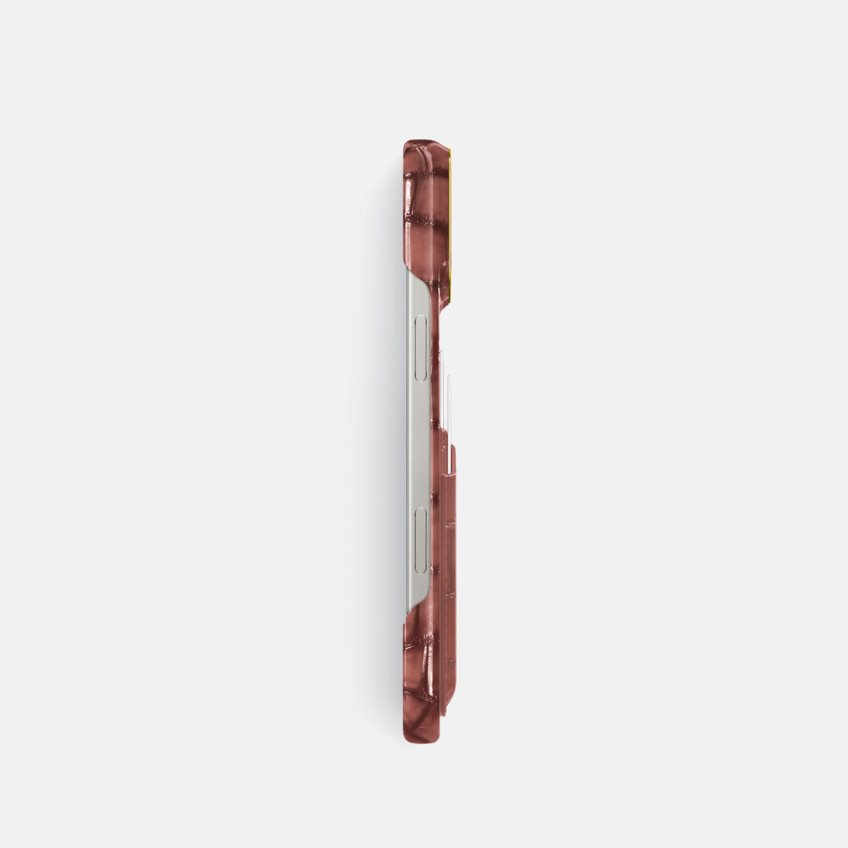 Wine-Sediment iPhone 16 Pro Card Case Patina Alligator with Gold Metal -3 | Wine-Sediment-Gold