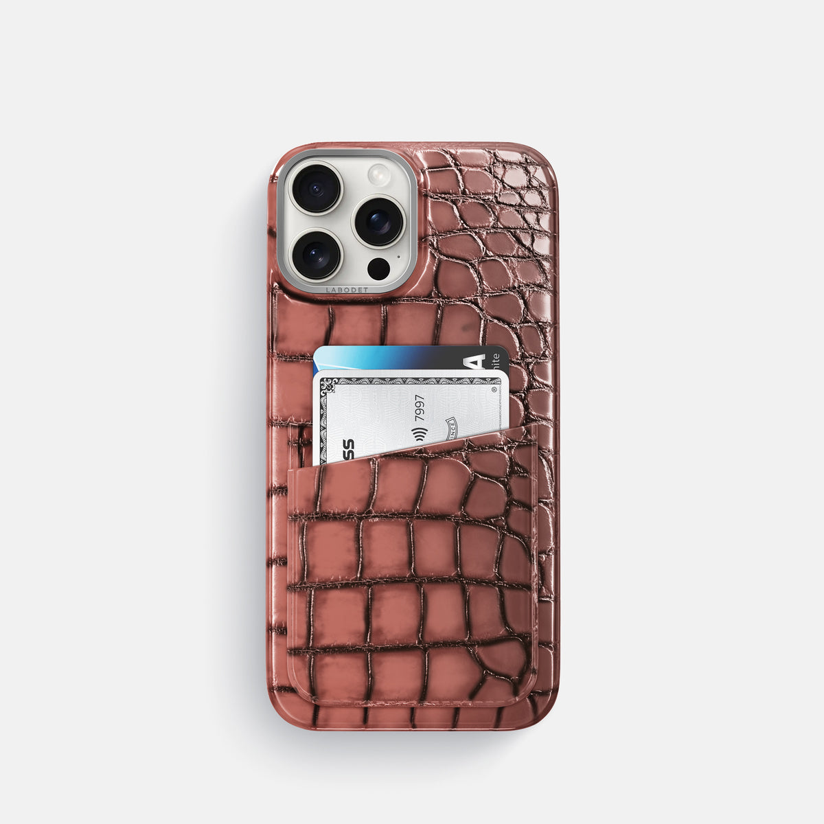 Wine-Sediment iPhone 16 Pro Double Card Case Patina Alligator with Steel Metal -1 | Wine-Sediment-Steel