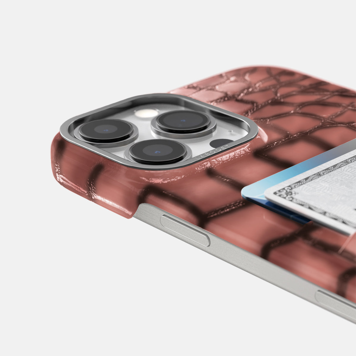 Wine-Sediment iPhone 16 Pro Double Card Case Patina Alligator with Steel Metal -5 | Wine-Sediment-Steel