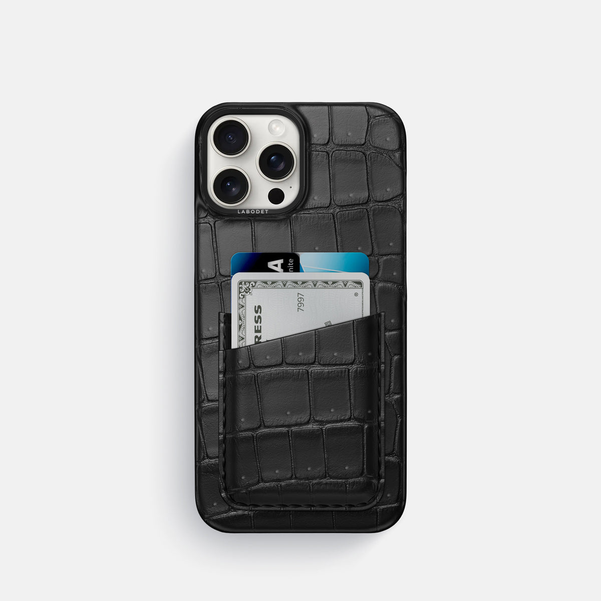 Black iPhone 16 Pro Double Card Case Porosus Crocodile with Black Metal -1 | Black-Black