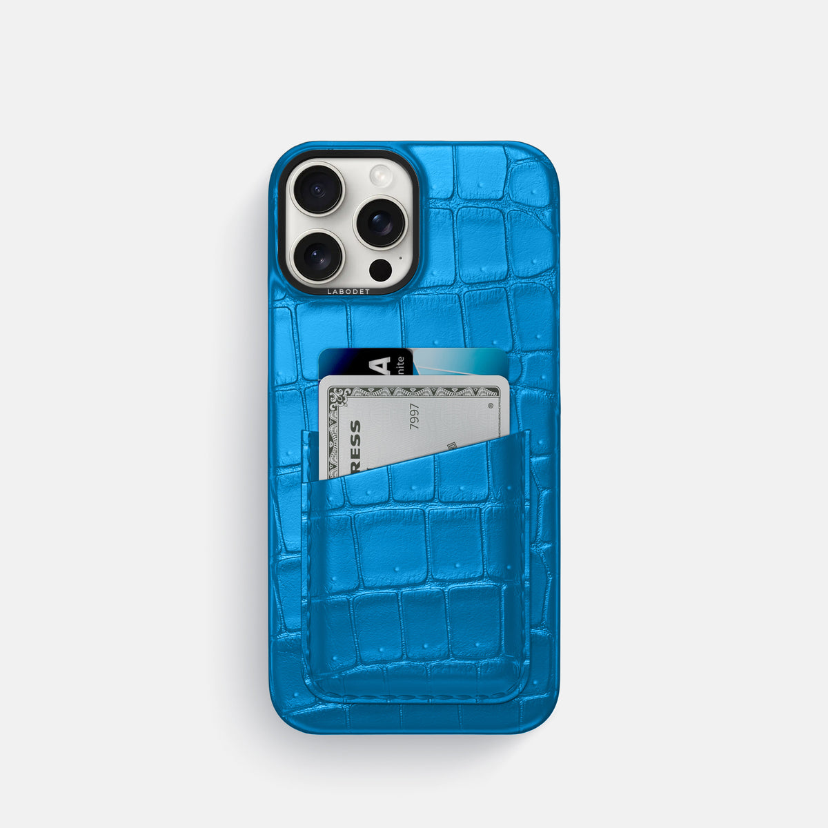 Blue-Lagoon iPhone 16 Pro Double Card Case Porosus Crocodile with Black Metal -1 | Blue-Lagoon-Black