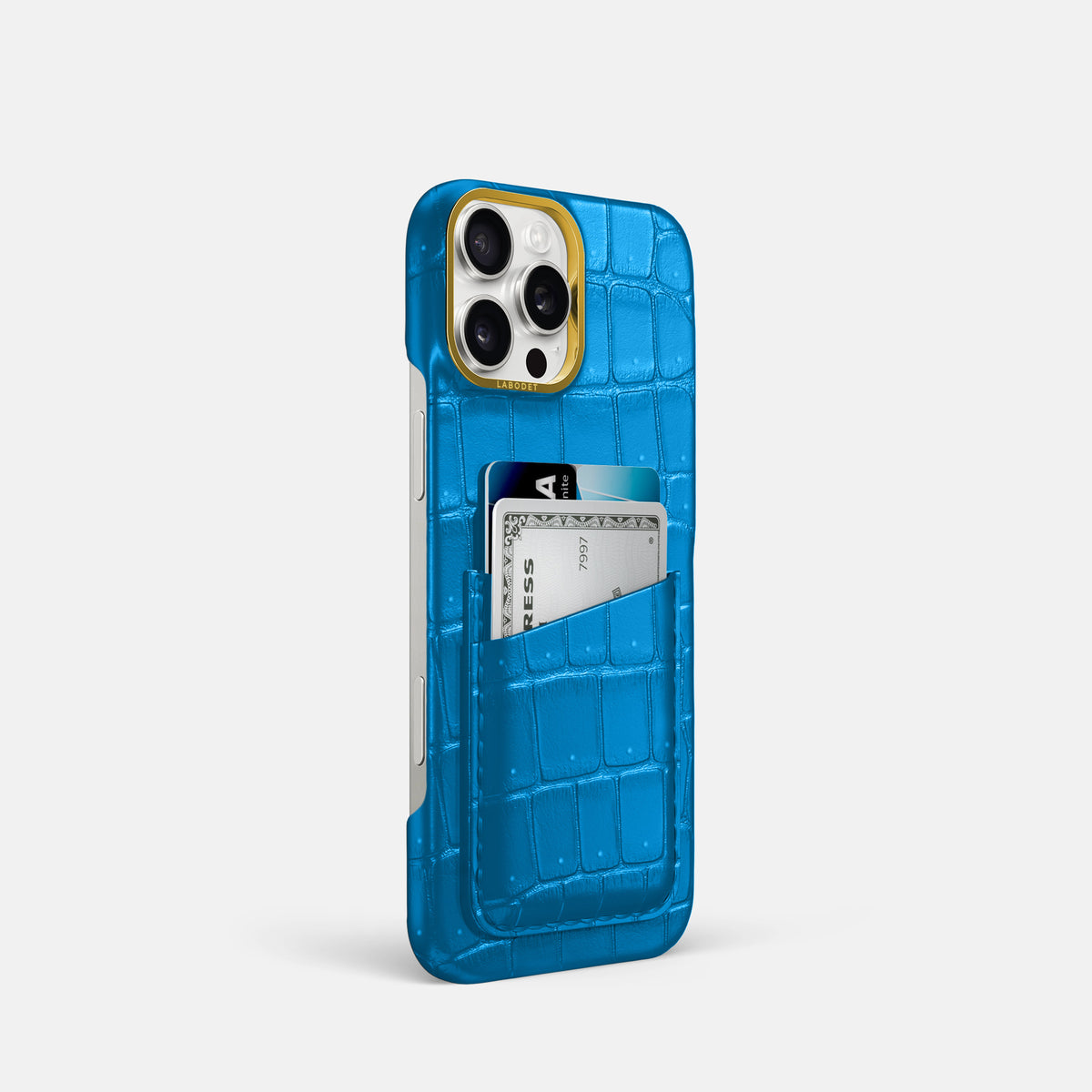 Blue-Lagoon iPhone 16 Pro Double Card Case Porosus Crocodile with Gold Metal -2 | Blue-Lagoon-Gold
