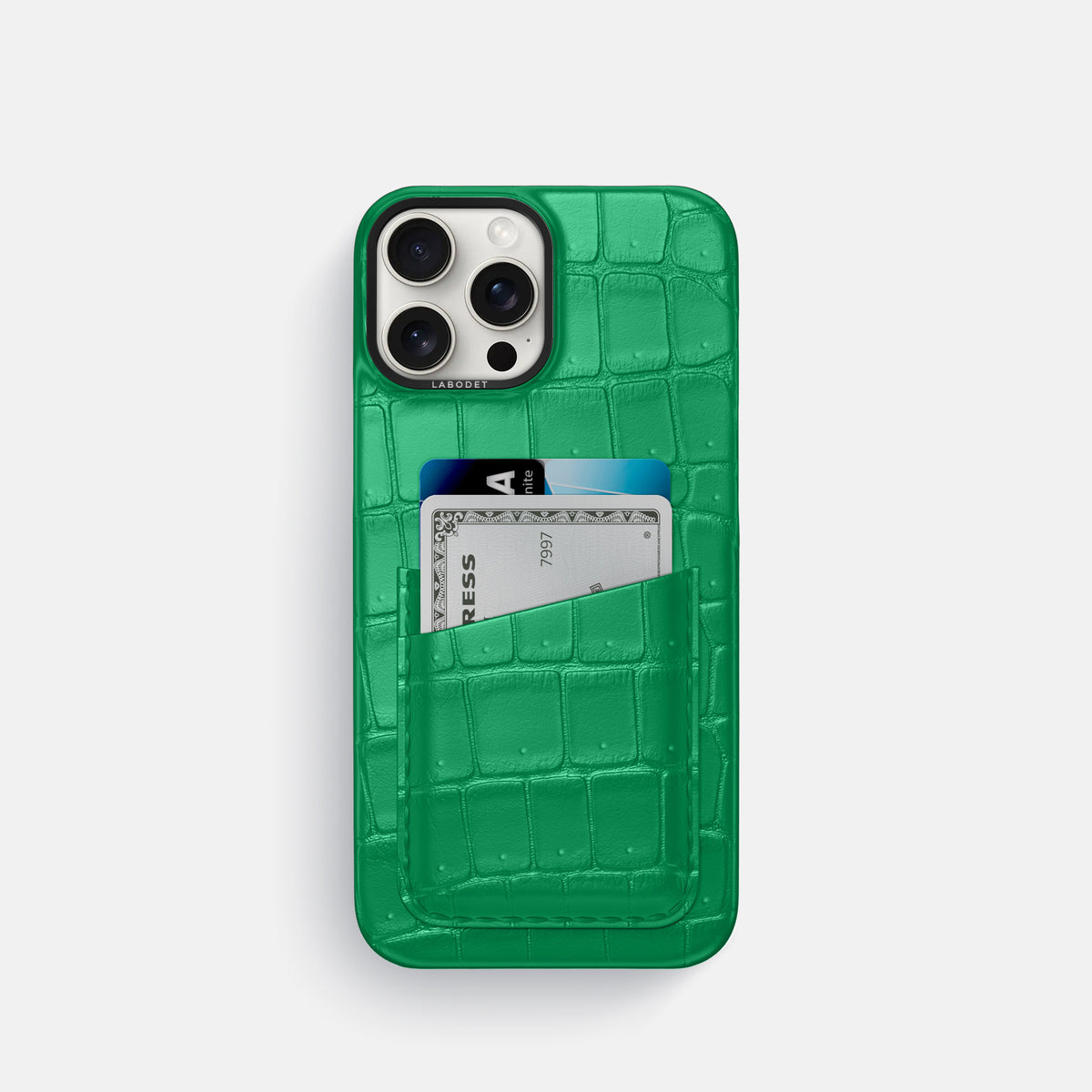 Cactus-Green iPhone 16 Pro Double Card Case Porosus Crocodile with Black Metal -1 | Cactus-Green-Black