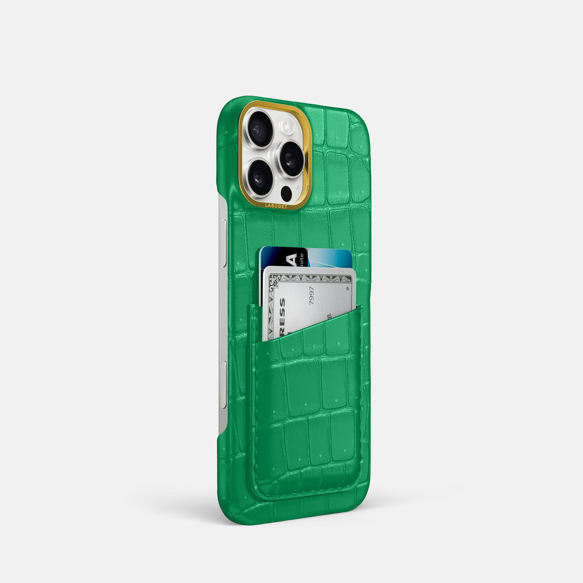 Cactus-Green iPhone 16 Pro Double Card Case Porosus Crocodile with Gold Metal -2 | Cactus-Green-Gold