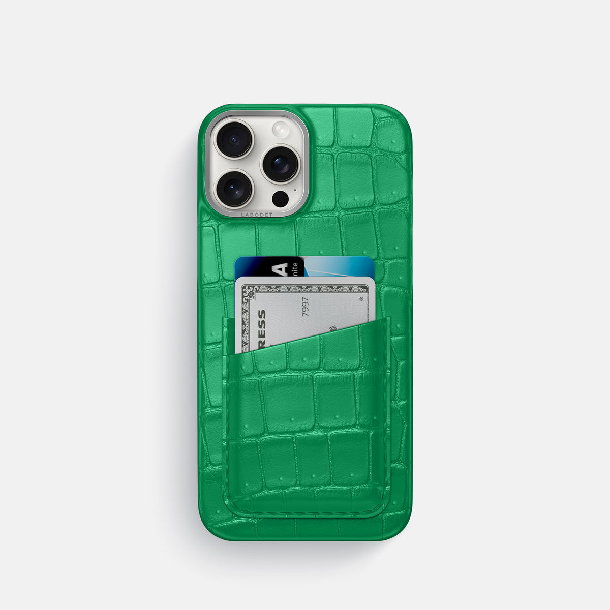 Cactus-Green iPhone 16 Pro Double Card Case Porosus Crocodile with Steel Metal -1 | Cactus-Green-Steel