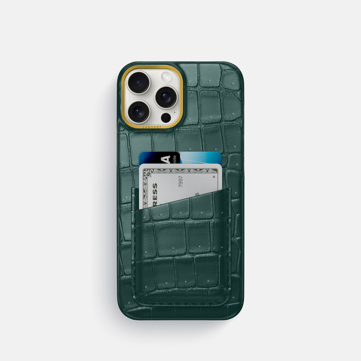 Dark-Forest iPhone 16 Pro Double Card Case Porosus Crocodile with Gold Metal -1 | Dark-Forest-Gold
