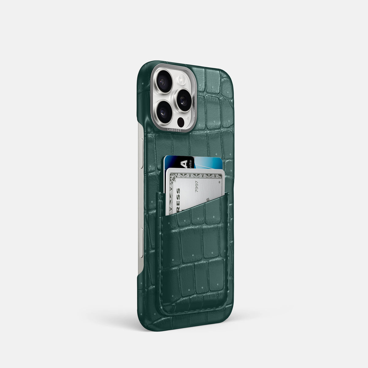 Dark-Forest iPhone 16 Pro Double Card Case Porosus Crocodile with Steel Metal -2 | Dark-Forest-Steel