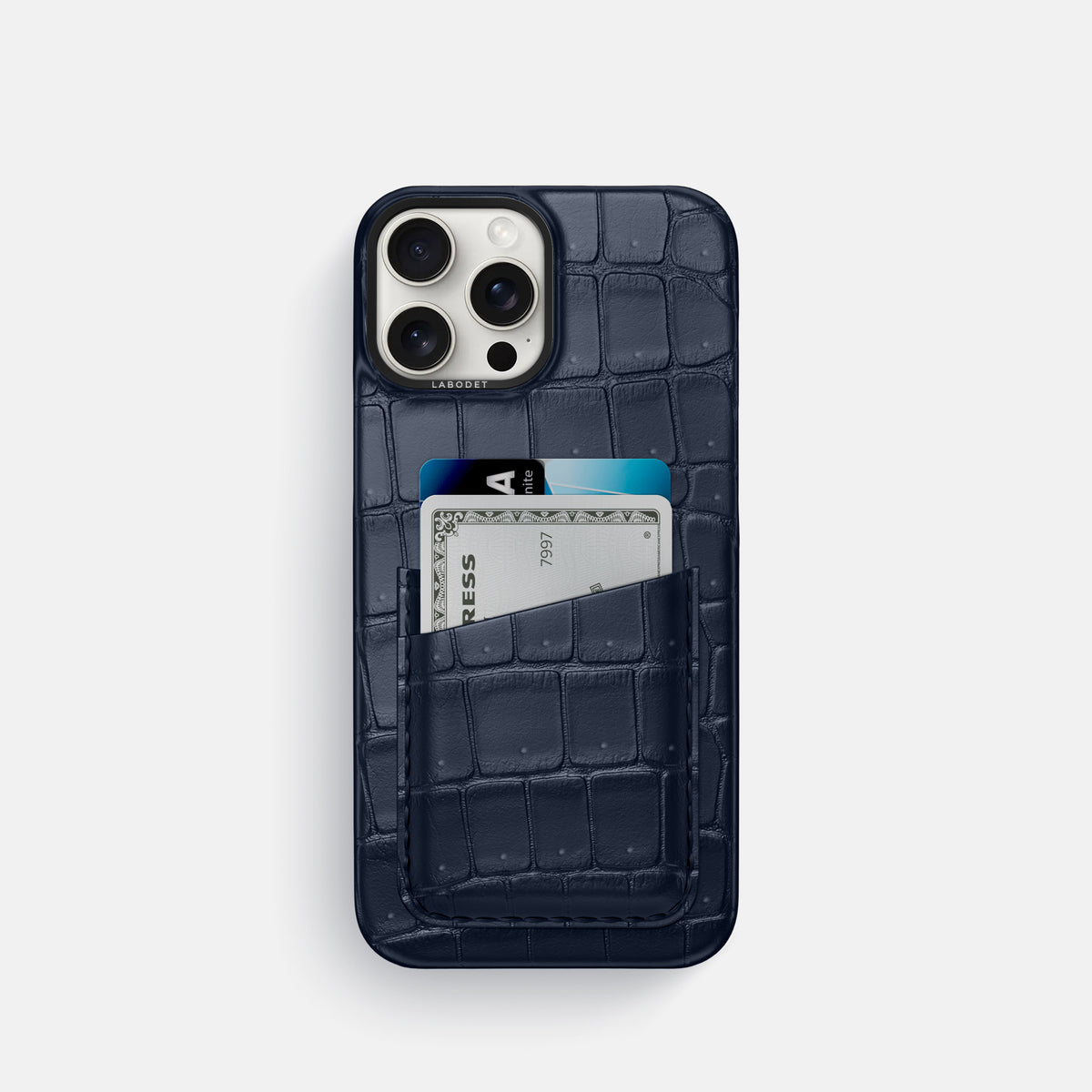Deep Blue Sea iPhone 16 Pro Double Card Case Porosus Crocodile with Black Metal -1 | Deep-Blue-Sea-Black