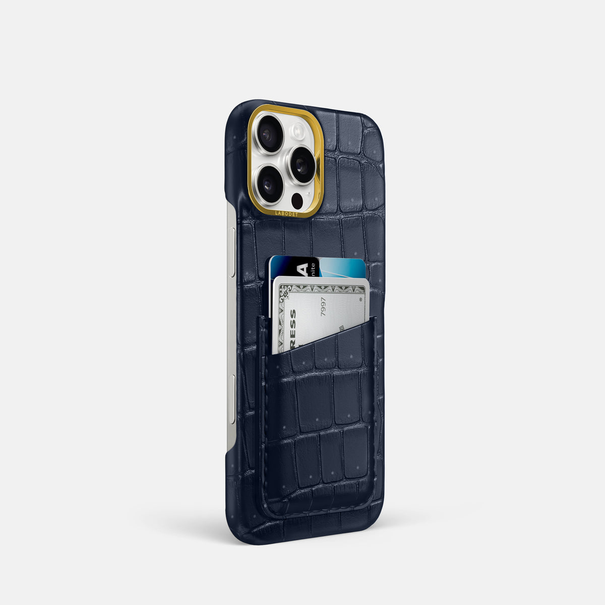 Deep Blue Sea iPhone 16 Pro Double Card Case Porosus Crocodile with Gold Metal -2 | Deep-Blue-Sea-Gold
