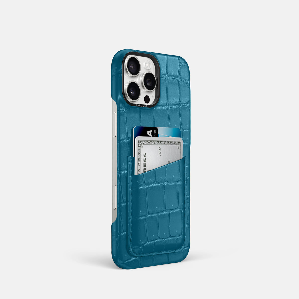 Duck Blue iPhone 16 Pro Double Card Case Porosus Crocodile with Black Metal -2 | Duck-Blue-Black