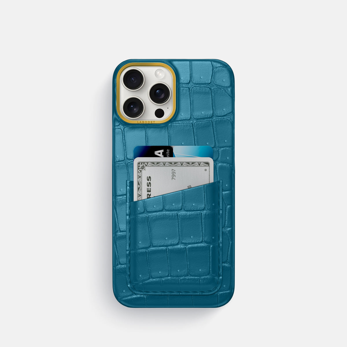 Duck Blue iPhone 16 Pro Double Card Case Porosus Crocodile with Gold Metal -1 | Duck-Blue-Gold