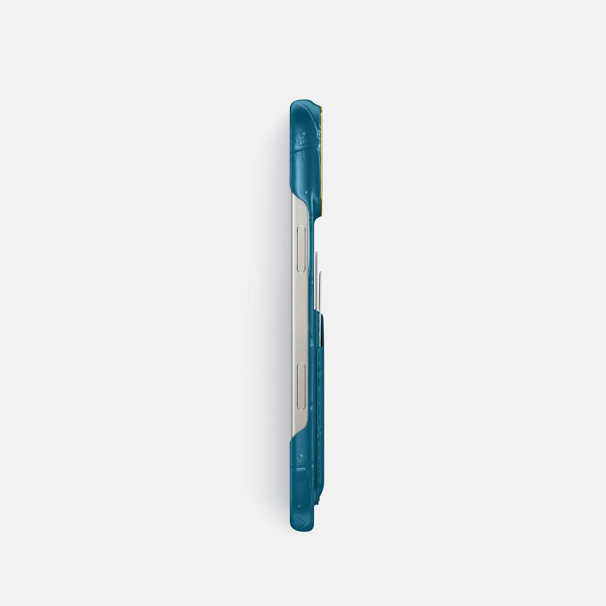 Duck Blue iPhone 16 Pro Double Card Case Porosus Crocodile with Gold Metal -3 | Duck-Blue-Gold