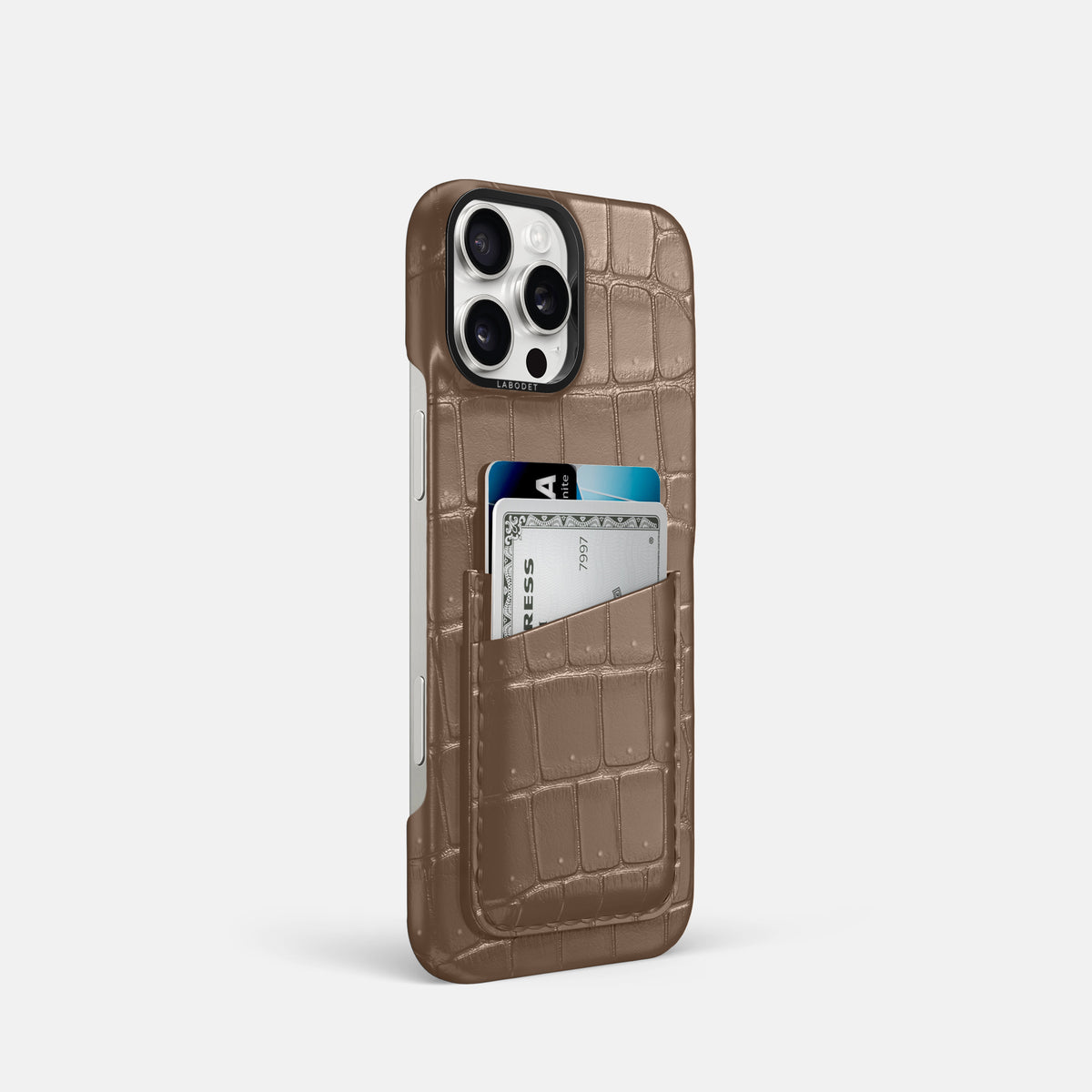 Fur-Brown iPhone 16 Pro Double Card Case Porosus Crocodile with Black Metal -2 | Fur-Brown-Black