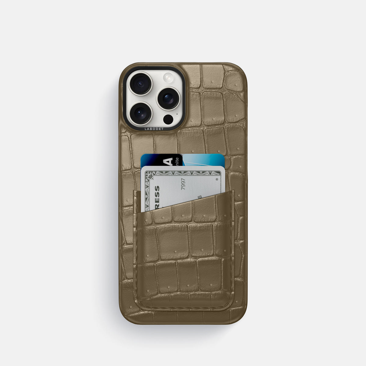 Kaki-Green iPhone 16 Pro Double Card Case Porosus Crocodile with Black Metal -1 | Kaki-Green-Black