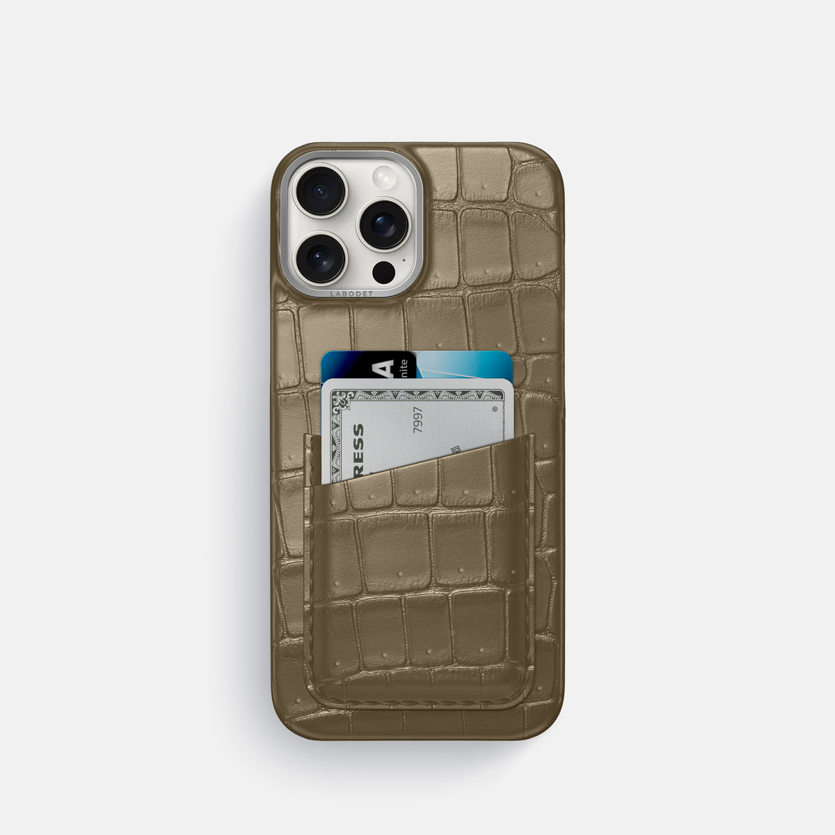 Kaki-Green iPhone 16 Pro Double Card Case Porosus Crocodile with Steel Metal -1 | Kaki-Green-Steel