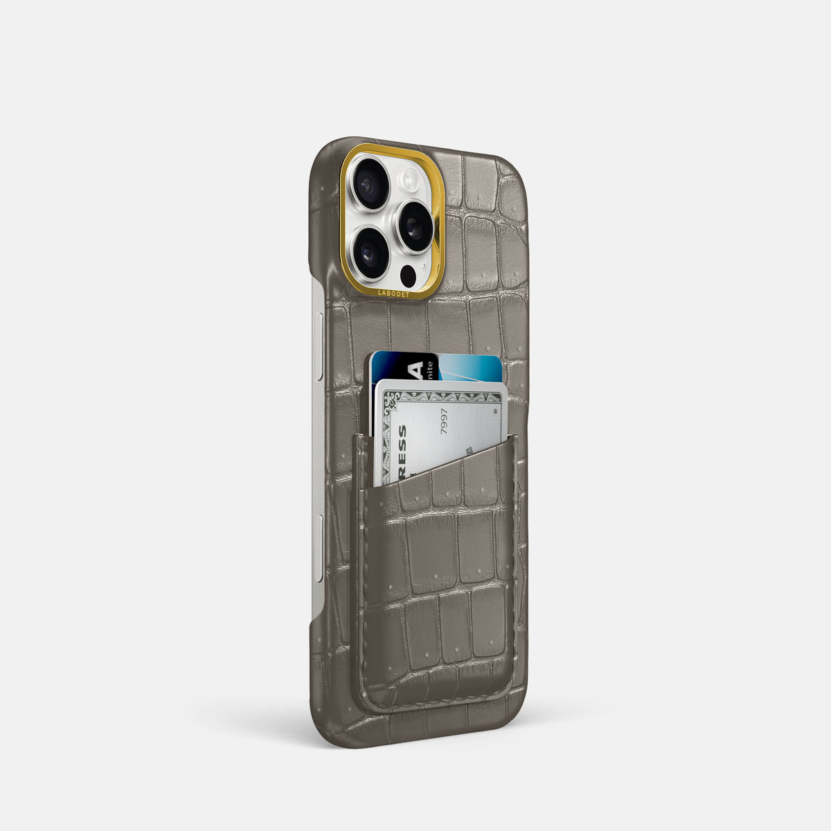Lava-Stone iPhone 16 Pro Double Card Case Porosus Crocodile with Gold Metal -2 | Lava-Stone-Gold