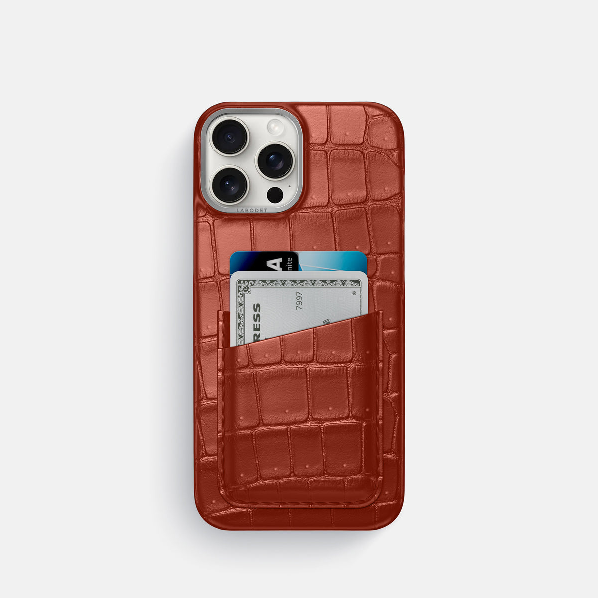 Mahogany-Brown iPhone 16 Pro Double Card Case Porosus Crocodile with Steel Metal -1 | Mahogany-Brown-Steel