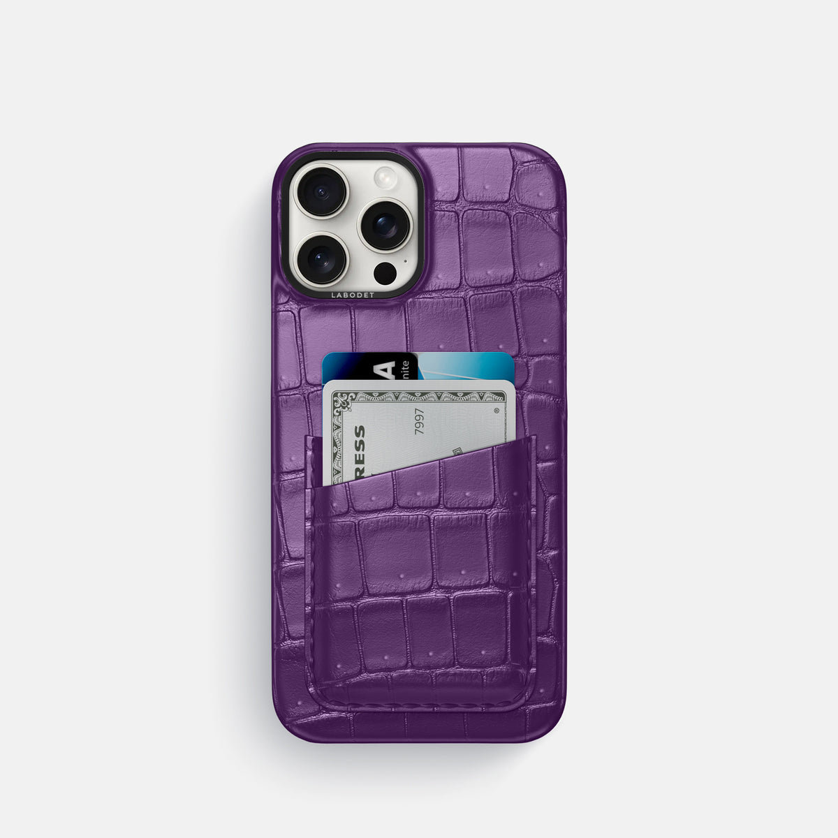 Purple iPhone 16 Pro Double Card Case Porosus Crocodile with Black Metal -1 | Purple-Black