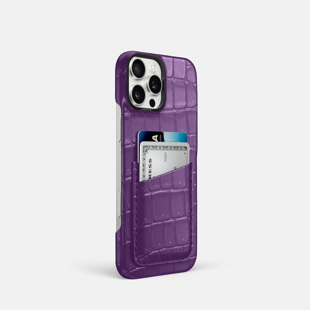 Purple iPhone 16 Pro Double Card Case Porosus Crocodile with Black Metal -2 | Purple-Black