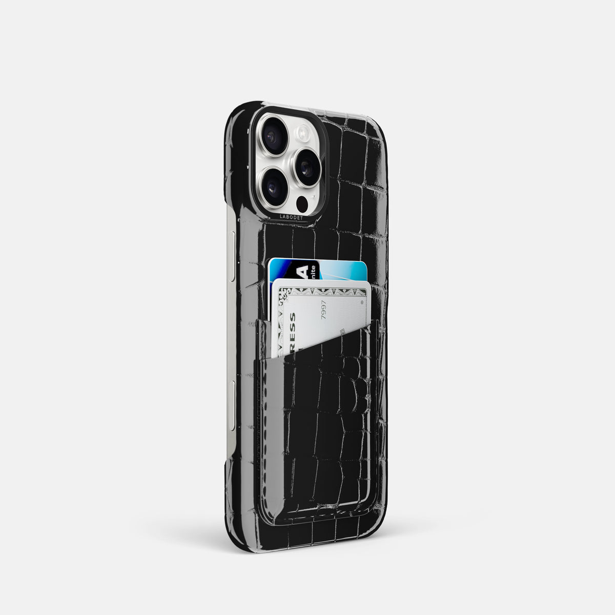 Black iPhone 16 Pro Double Card Case Shiny Alligator with Black Metal -2 | Black-Black