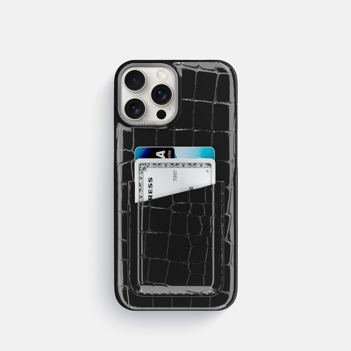 Black iPhone 16 Pro Double Card Case Shiny Alligator with Steel Metal -1 | Black-Steel