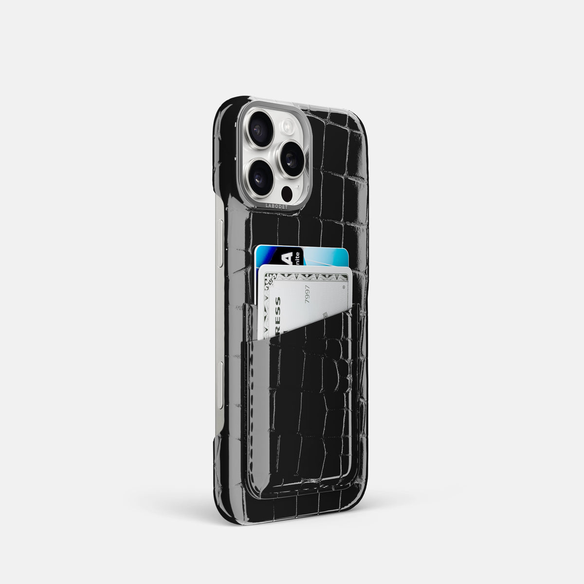 Black iPhone 16 Pro Double Card Case Shiny Alligator with Steel Metal -2 | Black-Steel