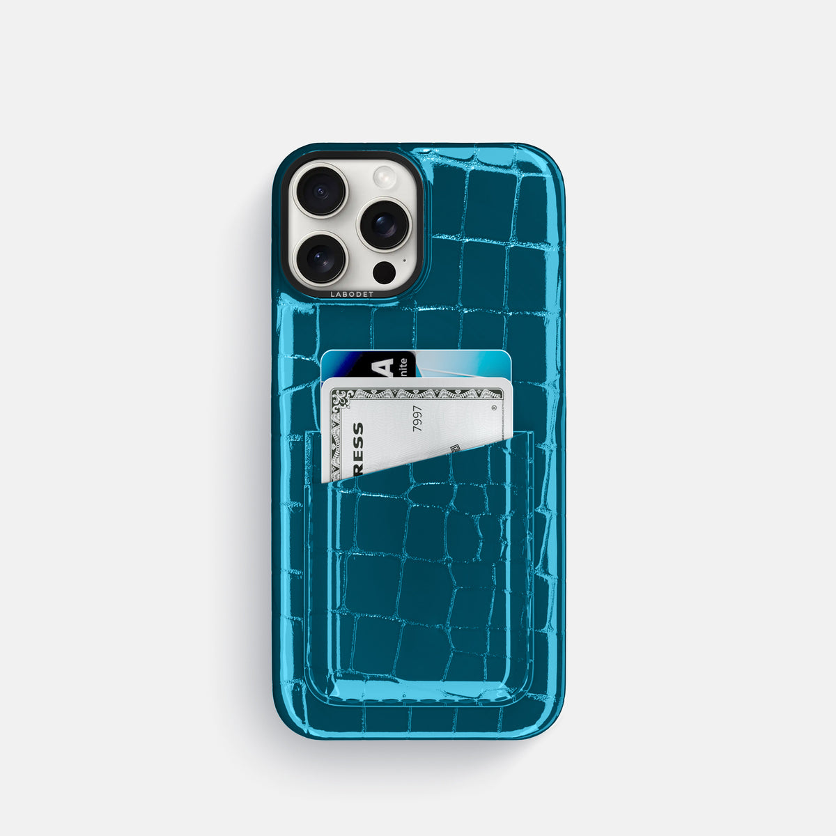 Blue iPhone 16 Pro Double Card Case Shiny Alligator with Black Metal -1 | Blue-Black