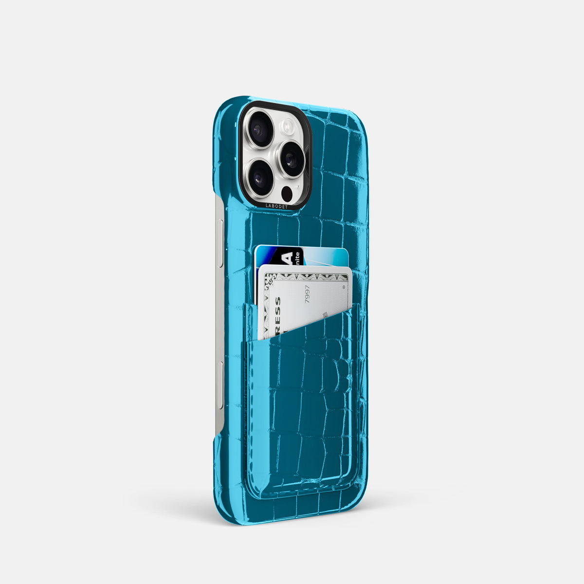 Blue iPhone 16 Pro Double Card Case Shiny Alligator with Black Metal -2 | Blue-Black
