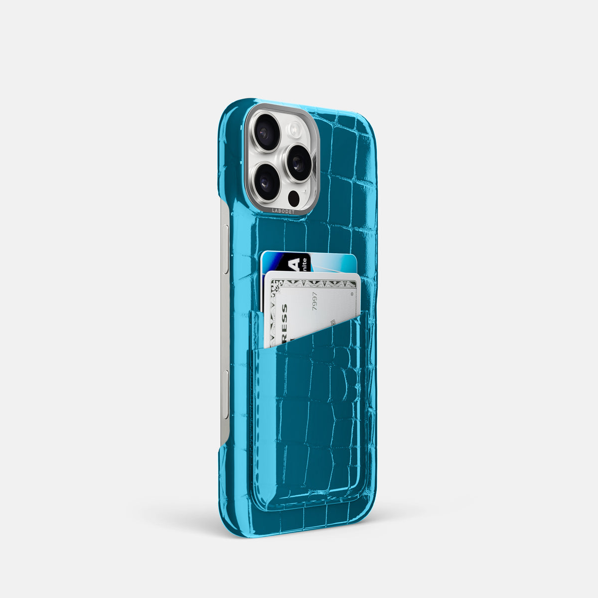 Blue iPhone 16 Pro Double Card Case Shiny Alligator with Steel Metal -2 | Blue-Steel