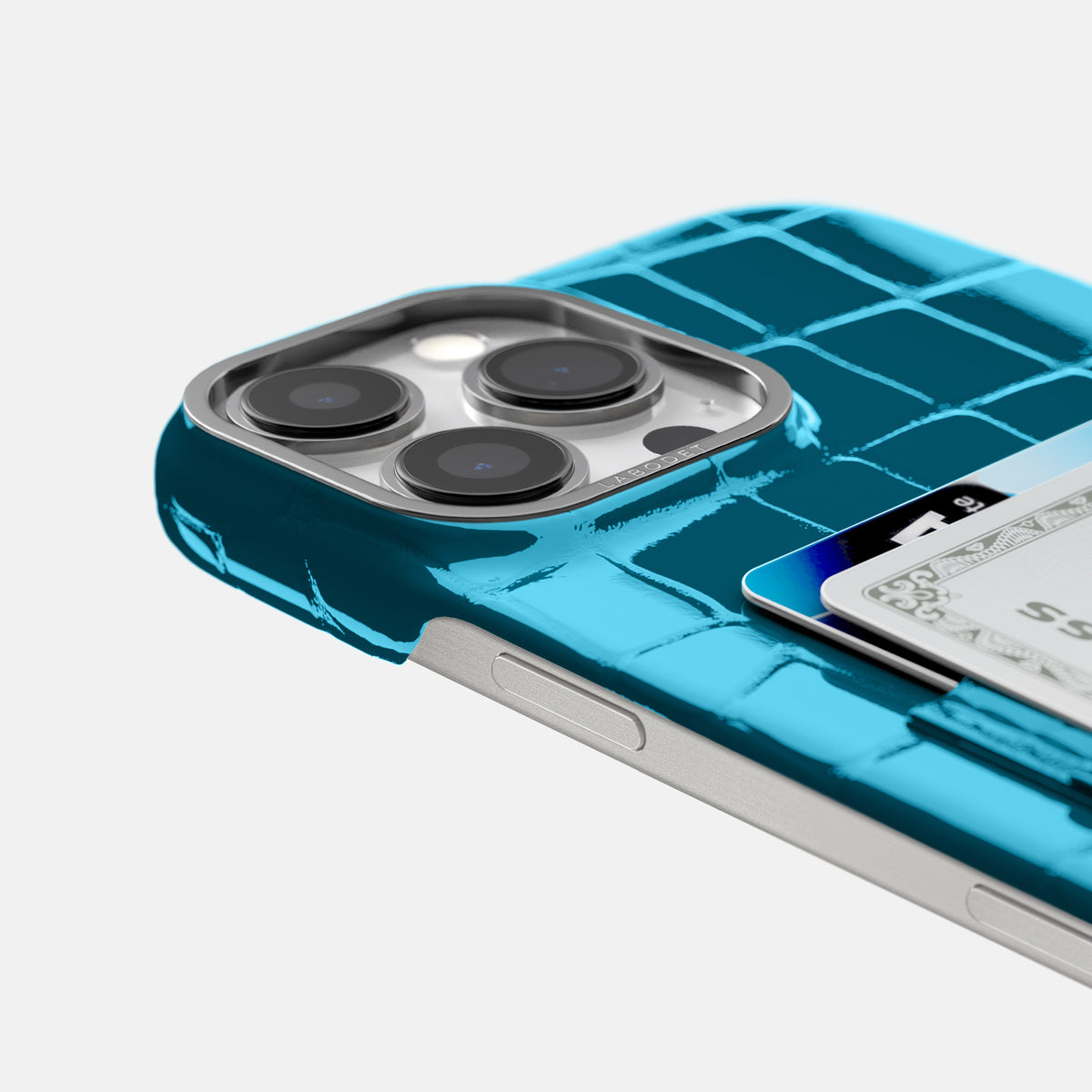 Blue iPhone 16 Pro Double Card Case Shiny Alligator with Steel Metal -5 | Blue-Steel