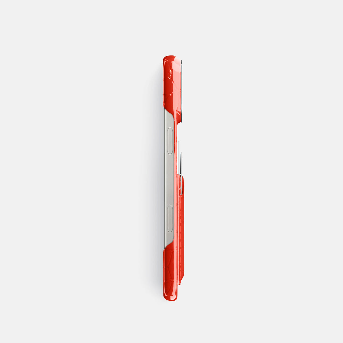 Coral-Orange iPhone 16 Pro Double Card Case Shiny Alligator with Steel Metal -3 | Coral-Orange-Steel
